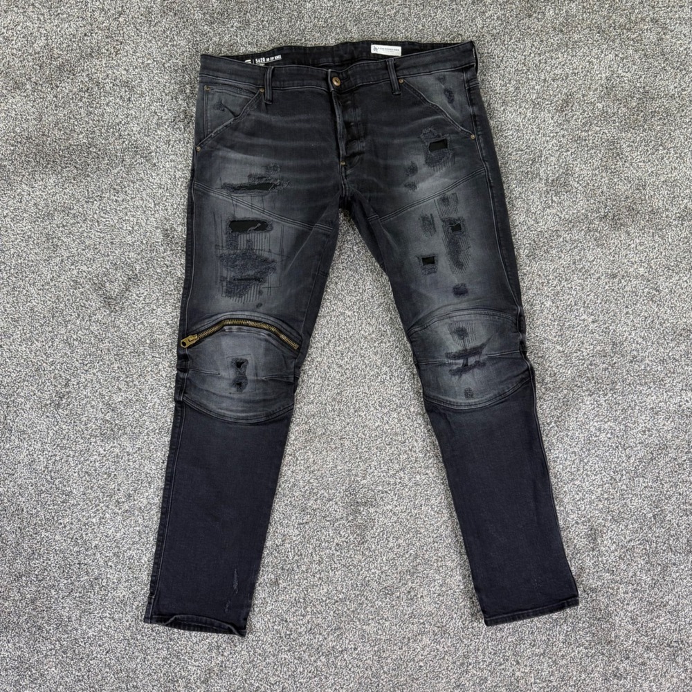 G-Star RAW 5620 3D Zip Knee Slim Jeans Men 38x32 Restored Distressed Black Denim